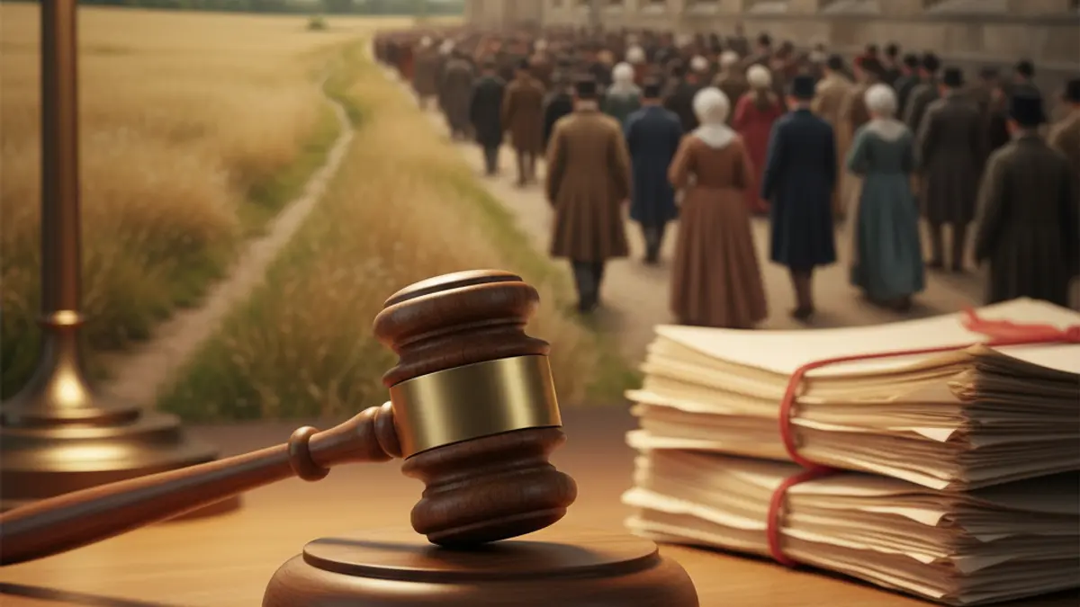 Generic image of an auction gavel on a wooden desk, with blurred legal documents and a background suggesting a rustic field and an urban building.