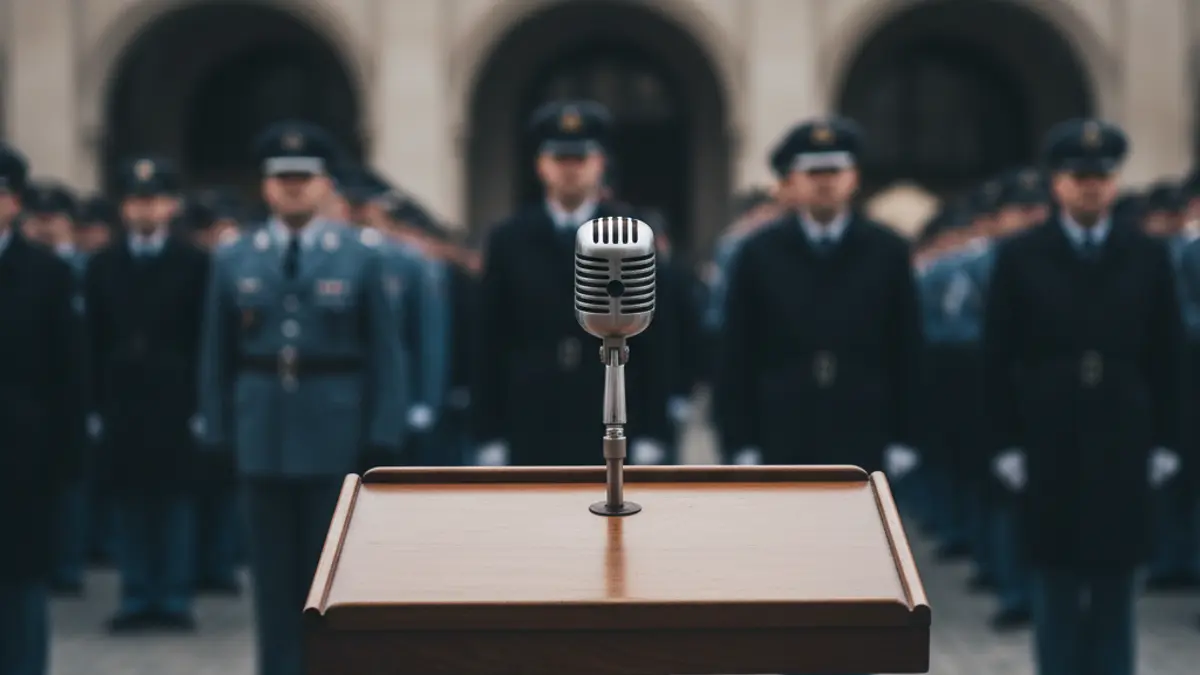 Imagen genérica de un acto solemne con un micrófono en un podio y figuras borrosas en uniforme.