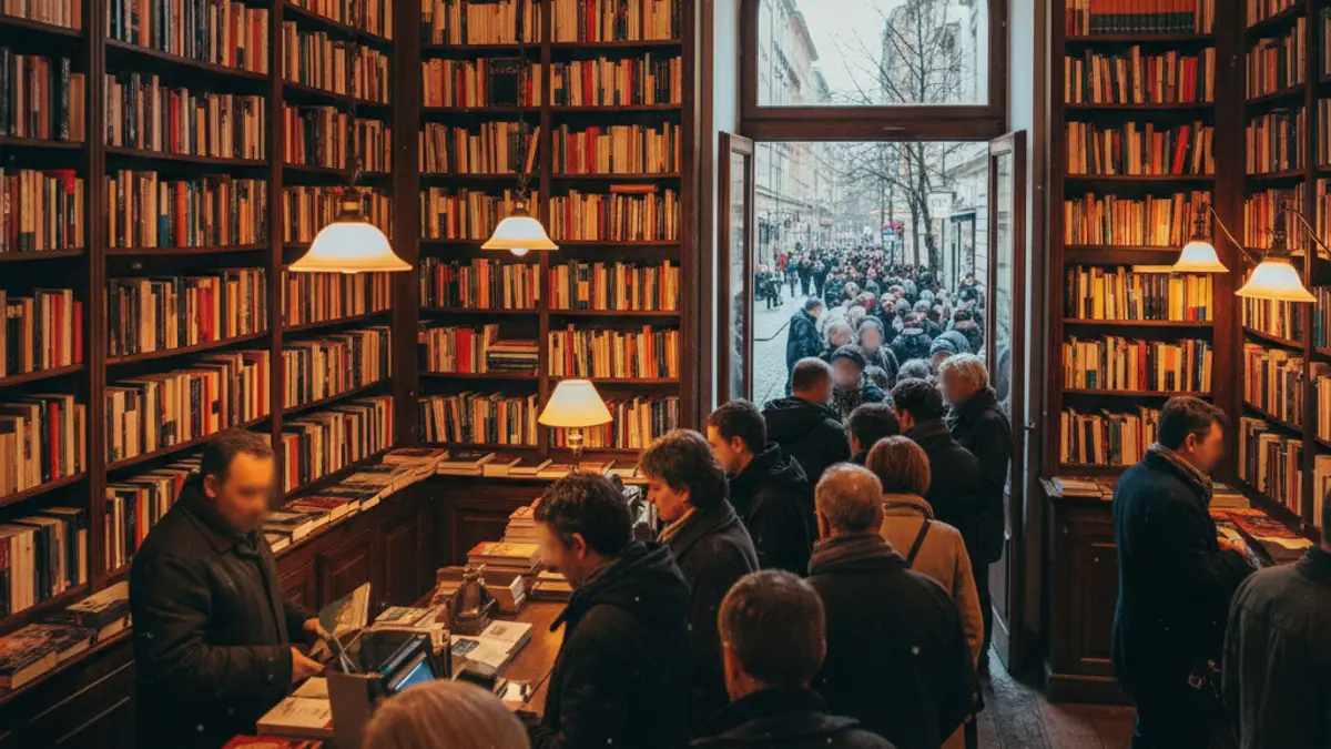 Imatge d'una llibreria acollidora amb prestatgeries plenes de llibres i una cua de gent esperant per a entrar.