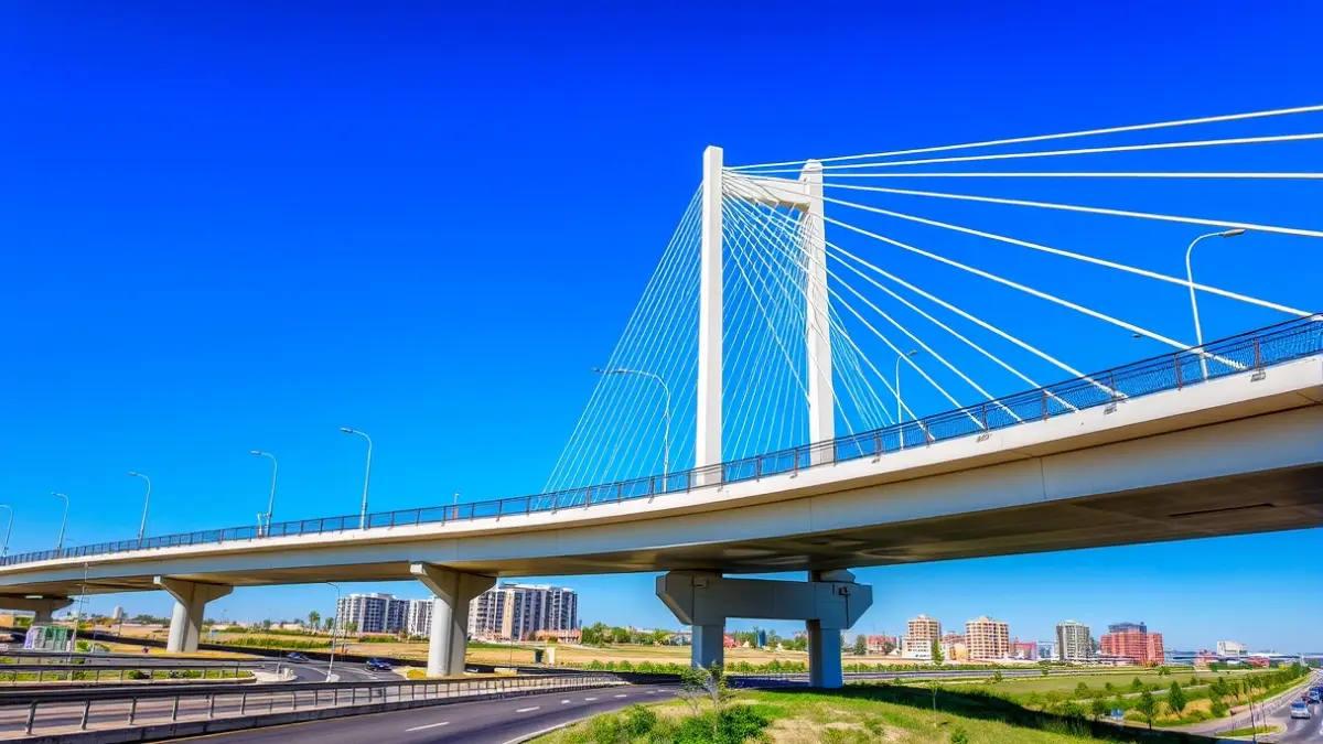 Imagen de un puente moderno de varios carriles con paso peatonal y alumbrado, sobre una autovía, en una zona de urbanización.
