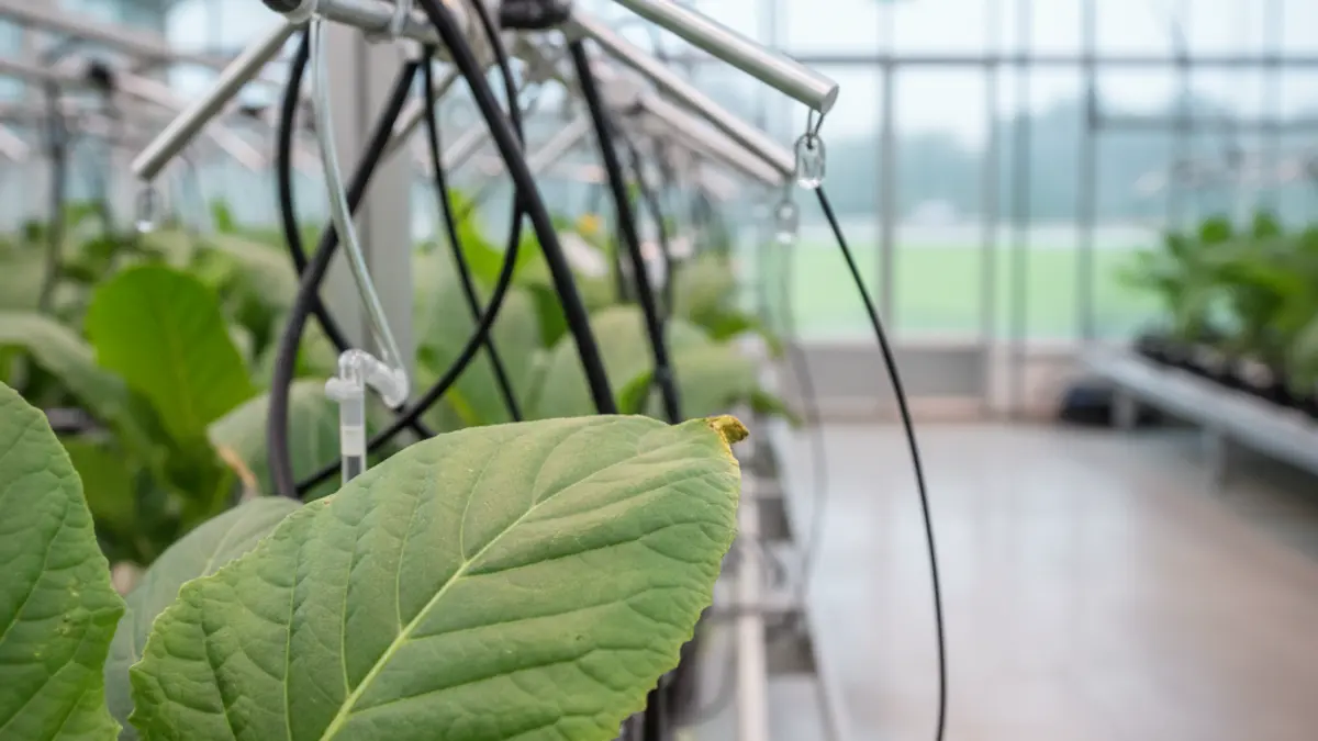 Imatge genèrica d'una fulla de planta amb signes d'estrés en un hivernacle, amb sensors i tubs de reg borrosos al fons.