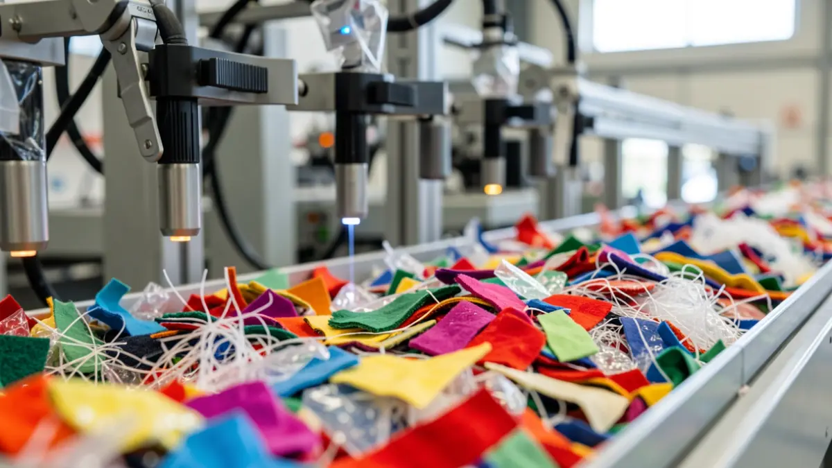 Generic image of textile waste and plastic fibers being sorted by advanced optical sensors.