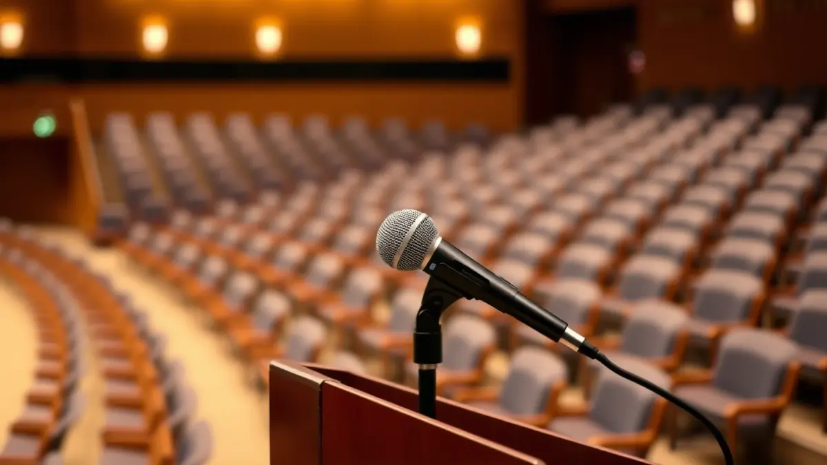 Imagen genérica de un micrófono en un atril en una sala de asambleas vacía, simbolizando una reunión o protesta.