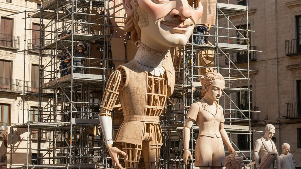 Image of a partially built Fallas monument, with scaffolding and unfinished elements, under a clear sky. Details of the uncompleted artwork.
