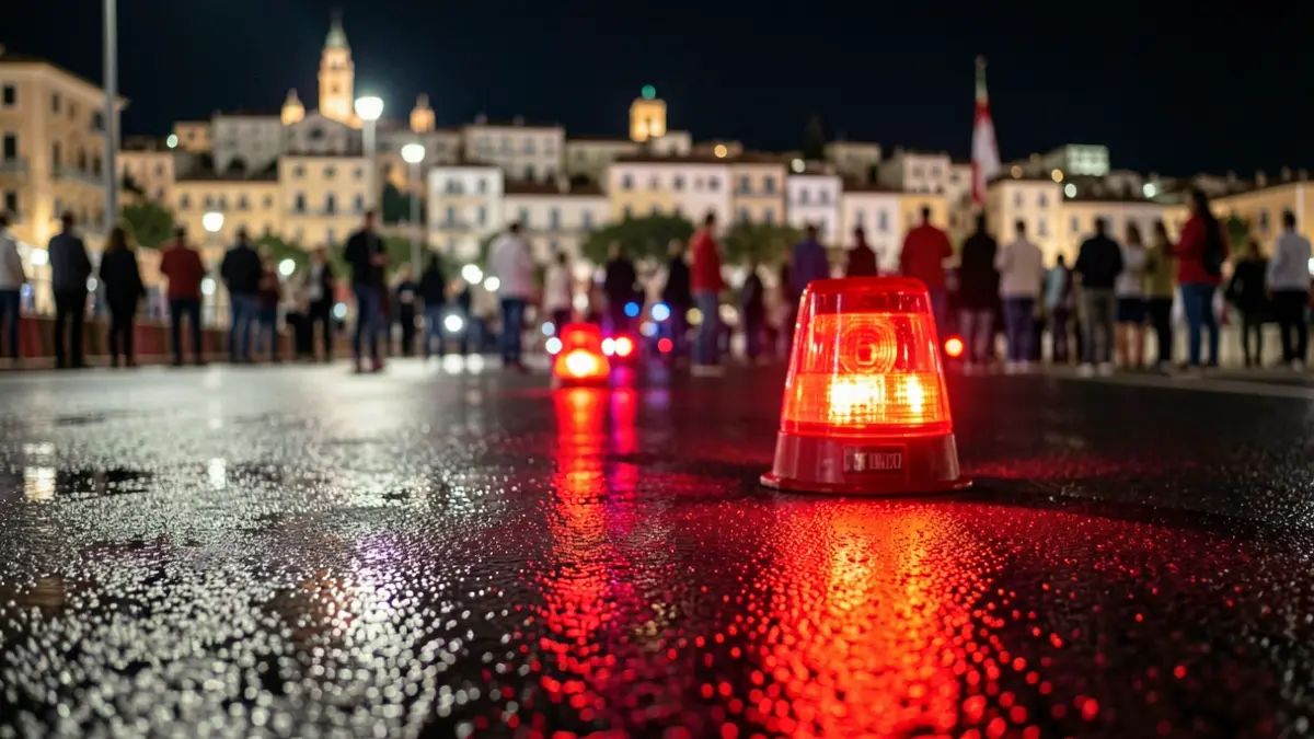 Imatge genèrica de llums d'emergència reflectint-se en asfalt mullat de nit.