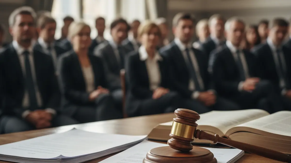 Imagen genérica de un martillo de juez sobre documentos legales en un tribunal.