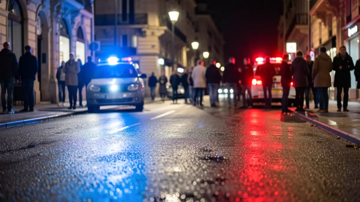 Imatge genèrica de llums d'emergència policials reflectint-se en asfalt mullat.