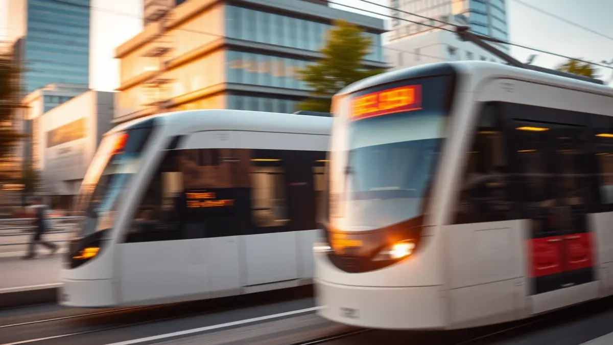 Generic image of a modern electric train or tram moving through a city, with contemporary architecture in the background.
