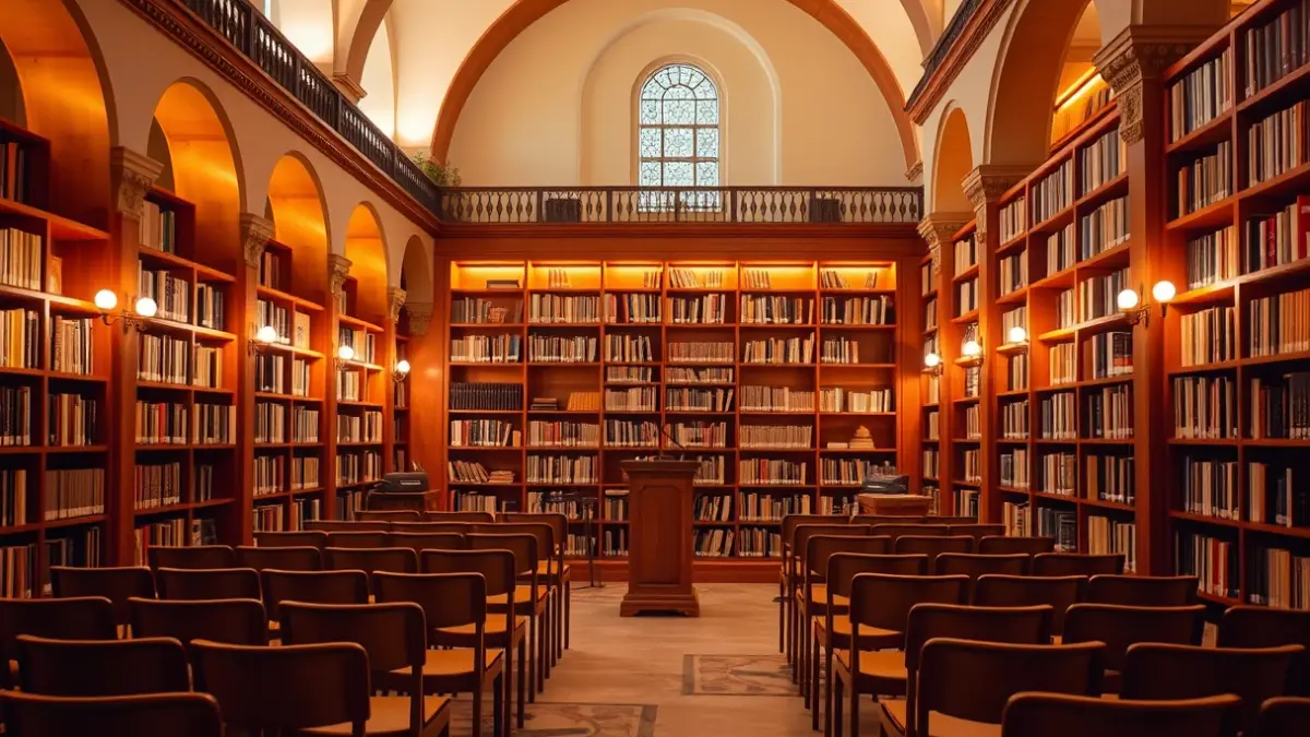 Imagen genérica de una librería con estanterías de madera y un ambiente acogedor, con un micrófono en un atril para presentaciones.