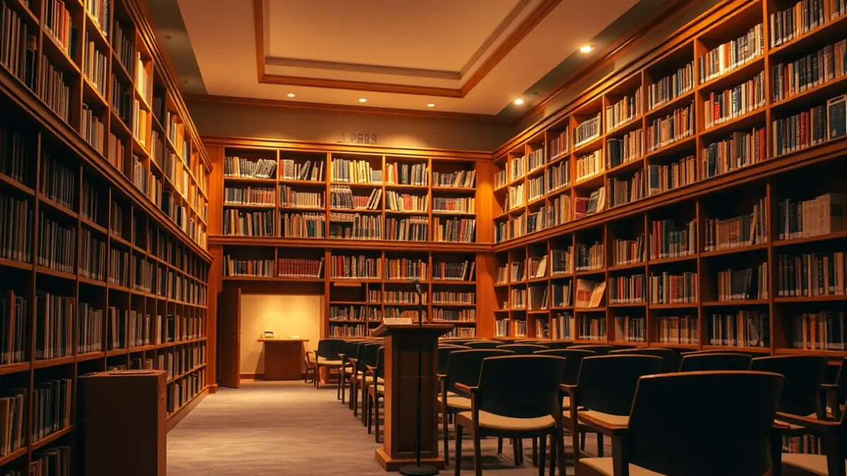 Generic image of a library with wooden bookshelves and a cozy atmosphere.