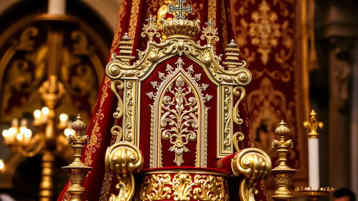 Image of a processional throne with detailed metalwork and embroidered fabrics.