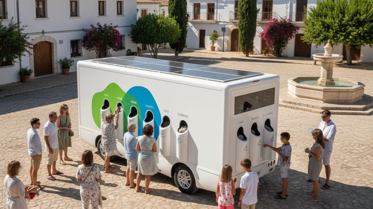 Imatge d'un miniecoparc mòbil en una plaça, amb veïns depositant residus.