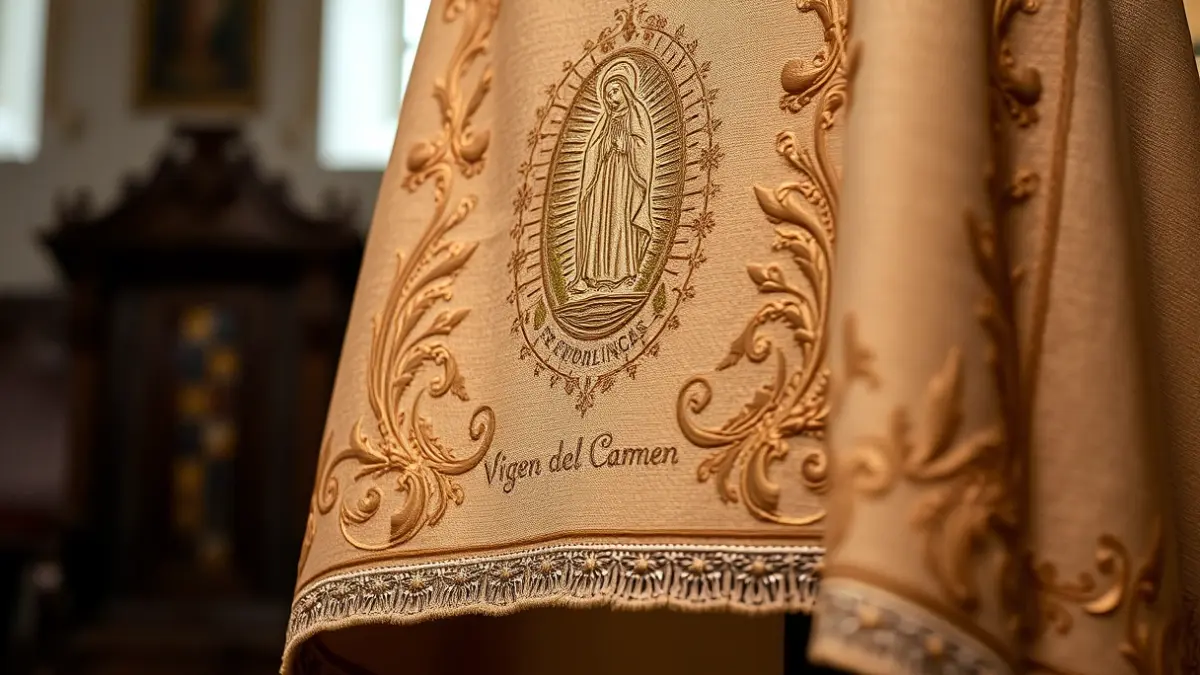 Image of a light brown embroidered mantle of the Virgen de los Desamparados, displayed in a solemn setting.