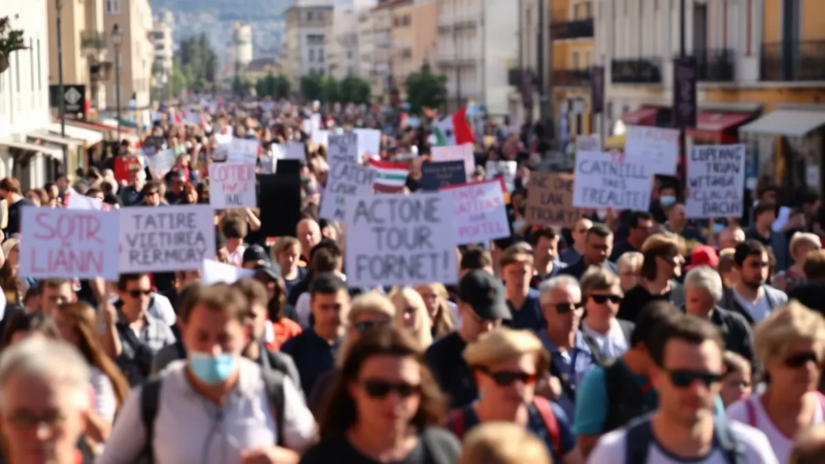 Generic image of a demonstration in a Mediterranean city street, with blurred people and banners.