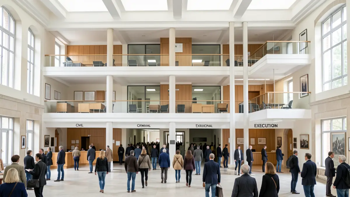 Imatge genèrica d'un interior de palau de justícia organitzat per àrees temàtiques.