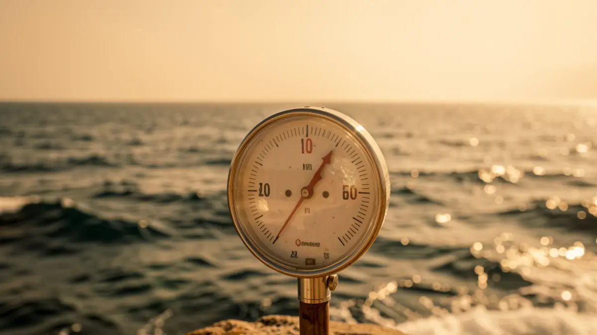 Imatge genèrica d'un termòmetre marcant alta temperatura amb el mar Mediterrani al fons sota un cel tapat.