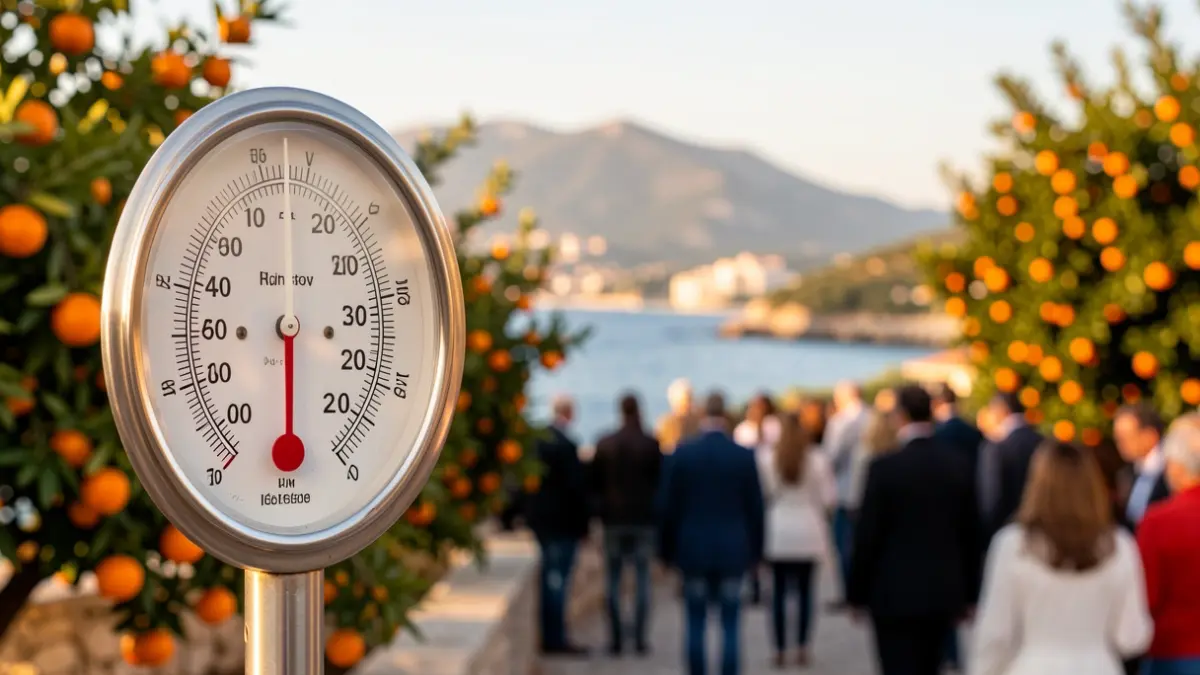 Termómetro marcando alta temperatura con paisaje de la Marina Alta al fondo.