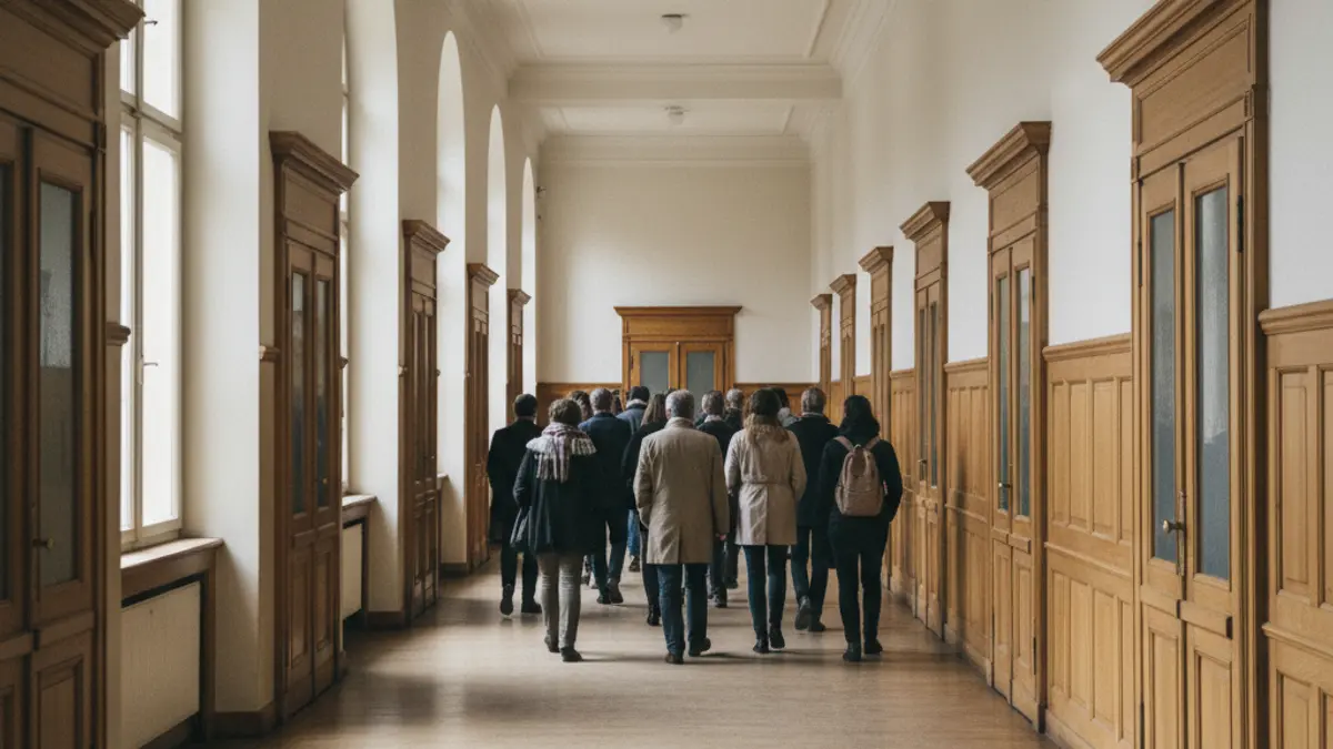 Generic image of an empty school hallway with closed classroom doors, soft morning light.