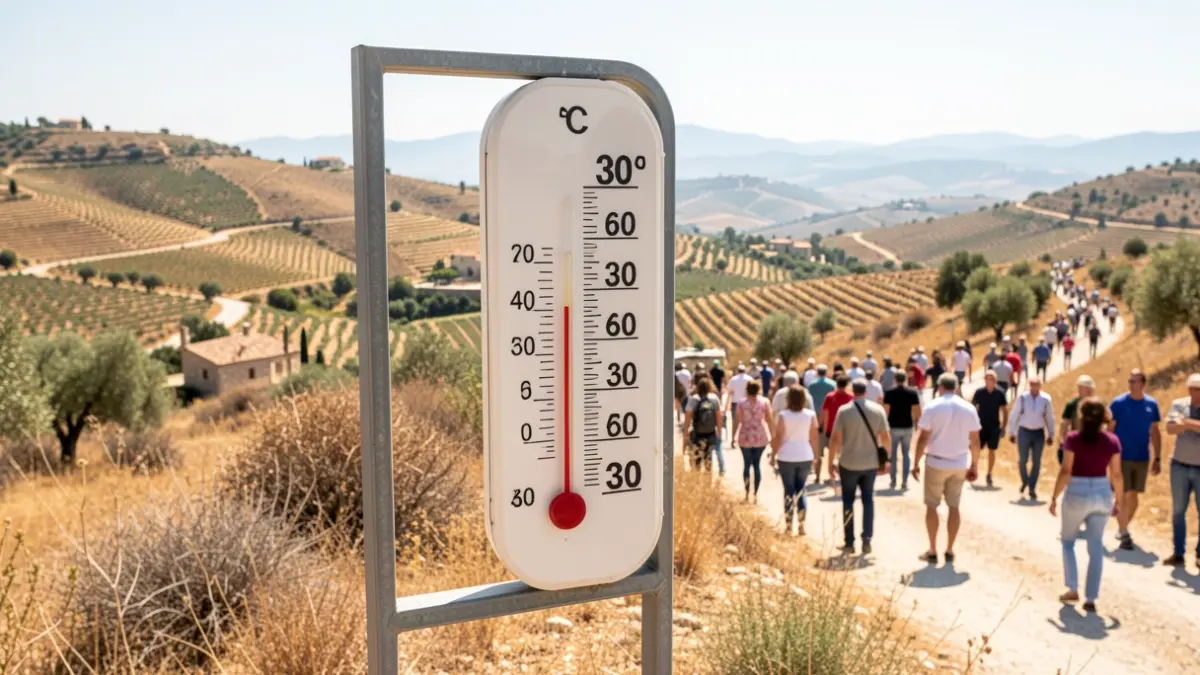 Termòmetre marcant més de 30 graus en un paisatge mediterrani sec sota un sol intens.
