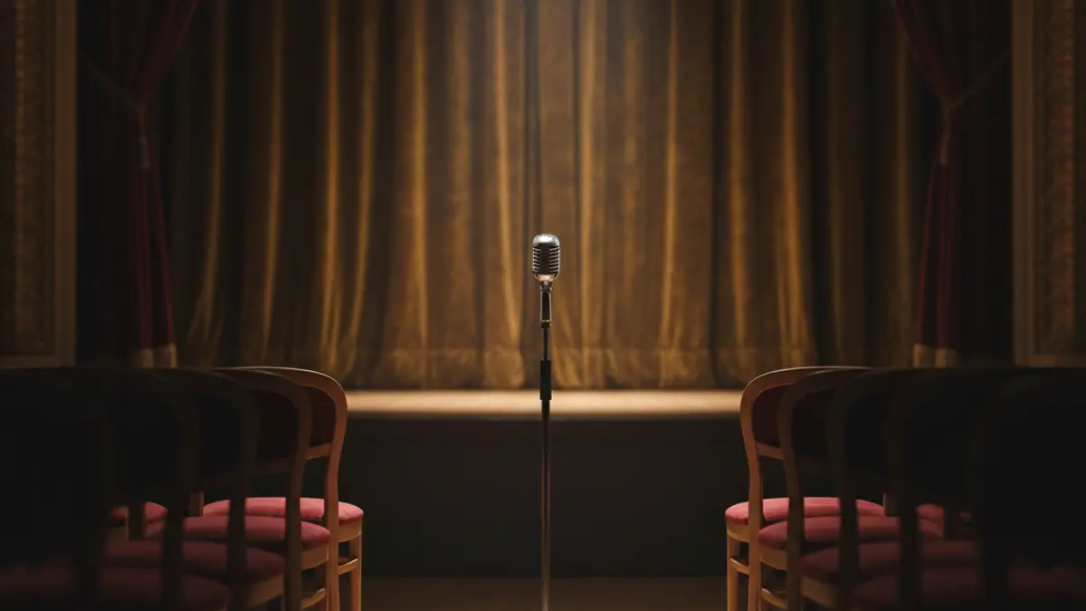Generic image of a stage with a microphone and empty chairs, warm and dramatic lighting.