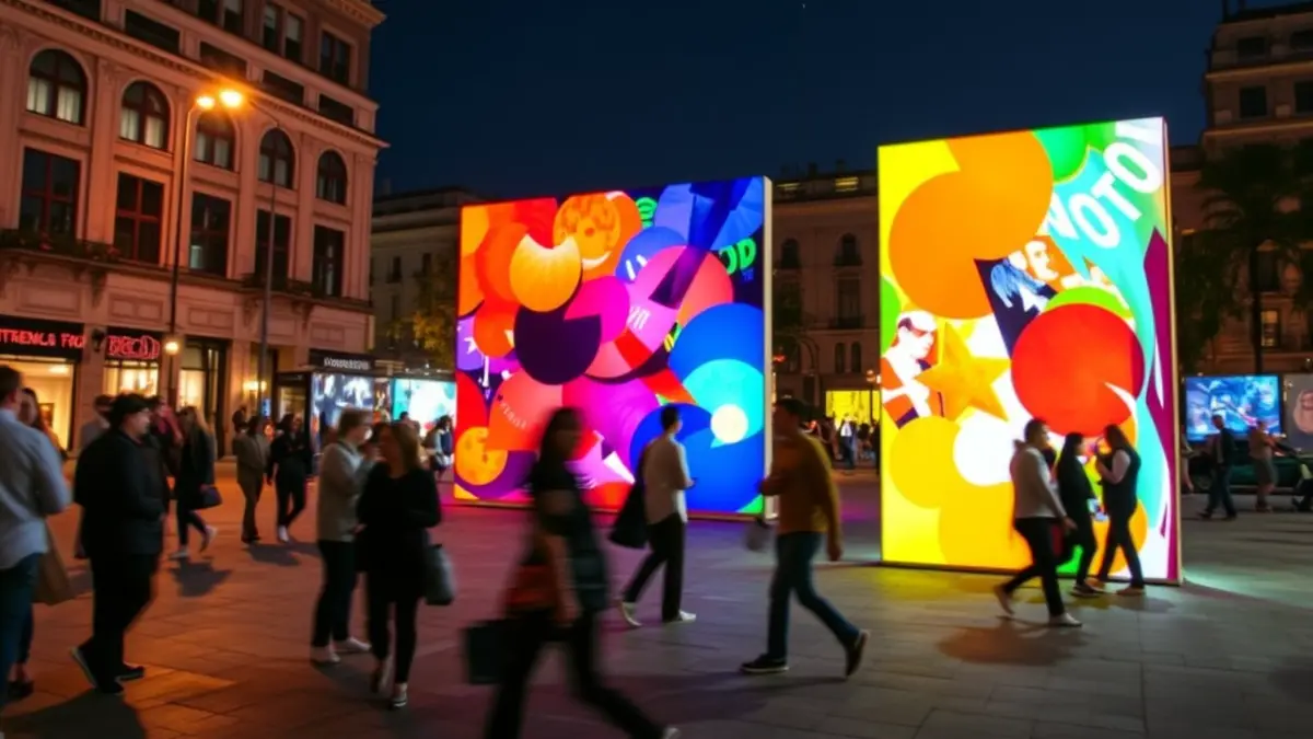 Imatge d'una instal·lació d'art abstracte en una plaça pública de nit, amb figures borroses de persones interactuant amb l'art, il·luminació càlida i freda, ambient de festival d'art contemporani.