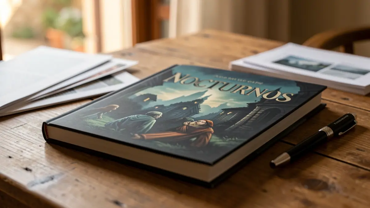 Imatge d'una novel·la gràfica titulada 'Nocturnos' sobre una taula de fusta.