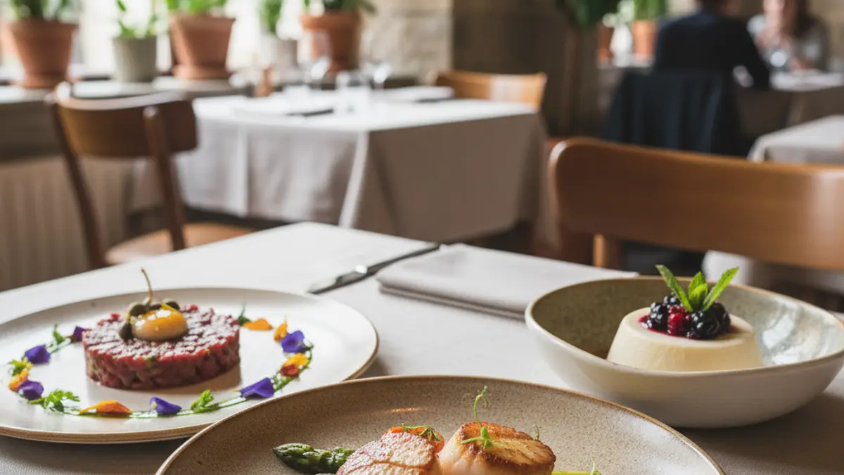 Generic image of gourmet dishes made with local products, artistically presented in a cozy restaurant setting.