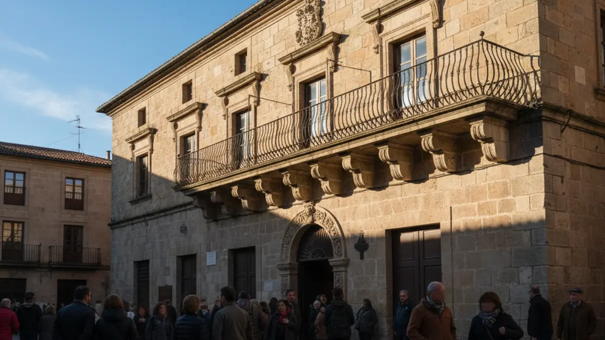 Facade of a town hall with a balcony and iron railings, bathed in the afternoon sunlight.