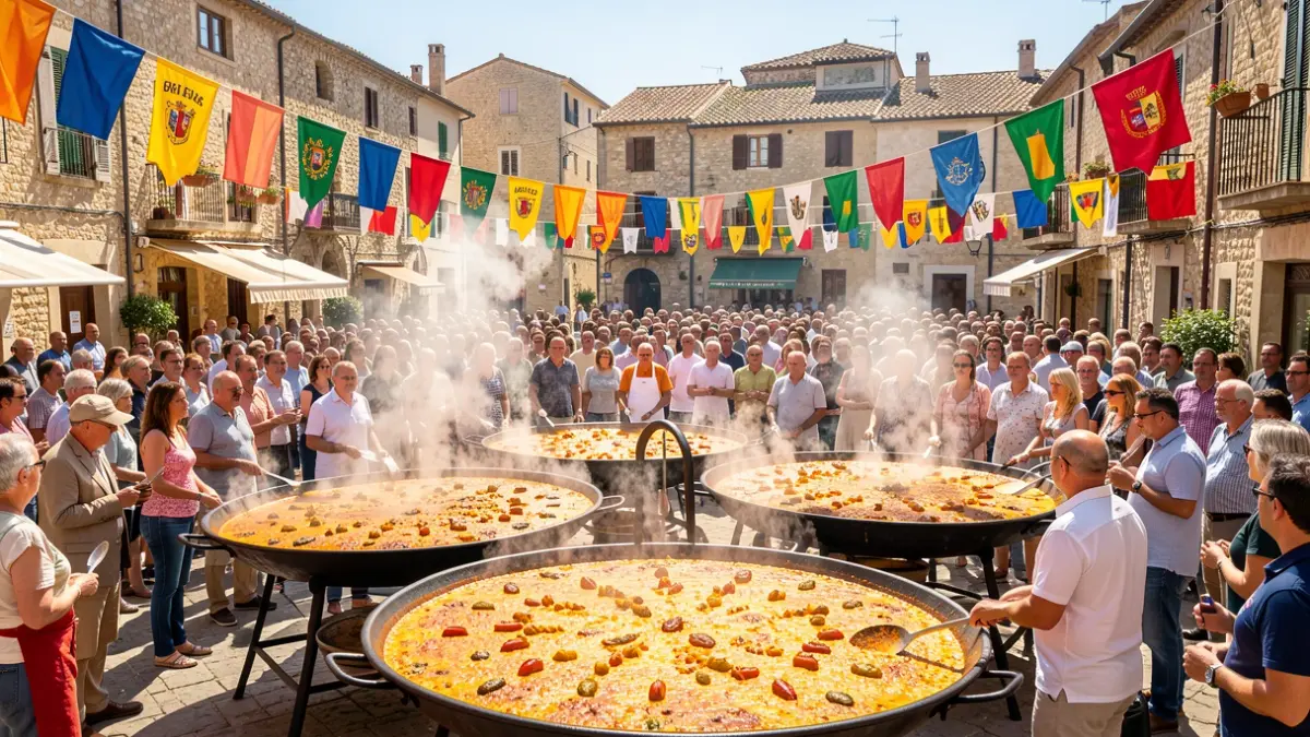 Imagen genérica de un concurso de paellas multitudinario en un ambiente festivo.