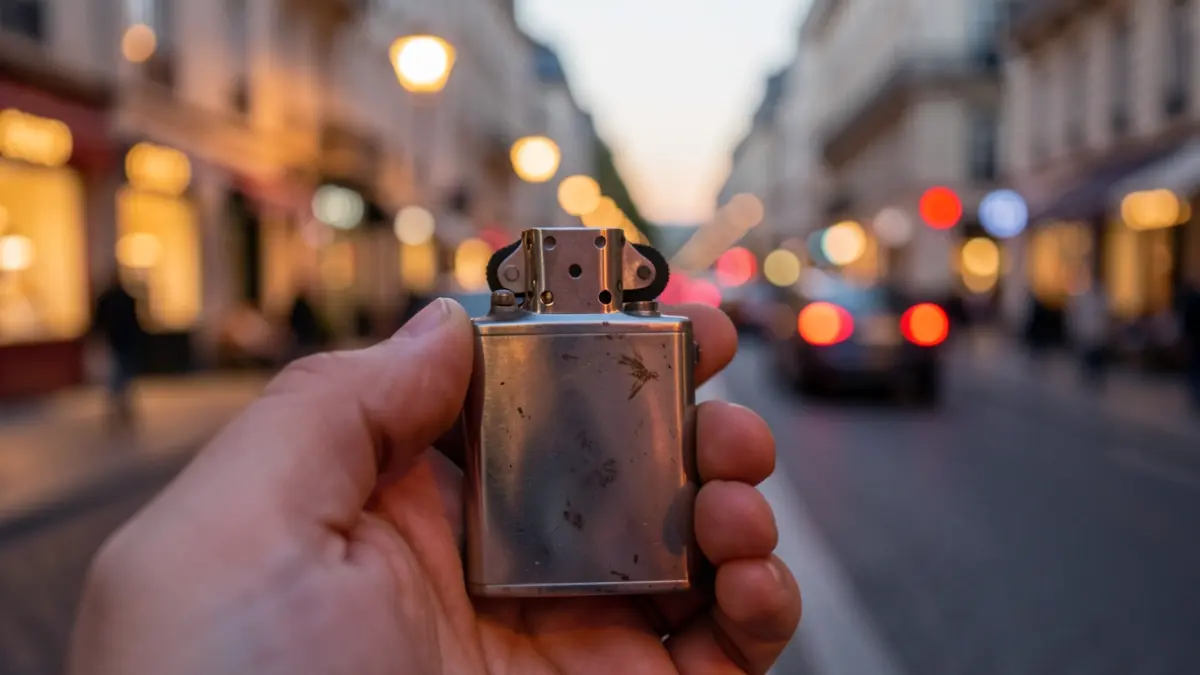 Generic image of an old lighter in a hand, with a blurred urban street in the background.