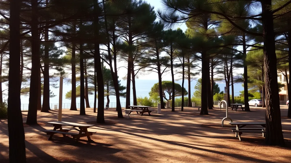 Image of a green area with pine trees, picnic tables, and biosaludable equipment, near the coast on a sunny day.