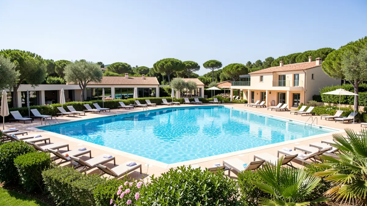 Generic image of an outdoor public swimming pool on a sunny day.