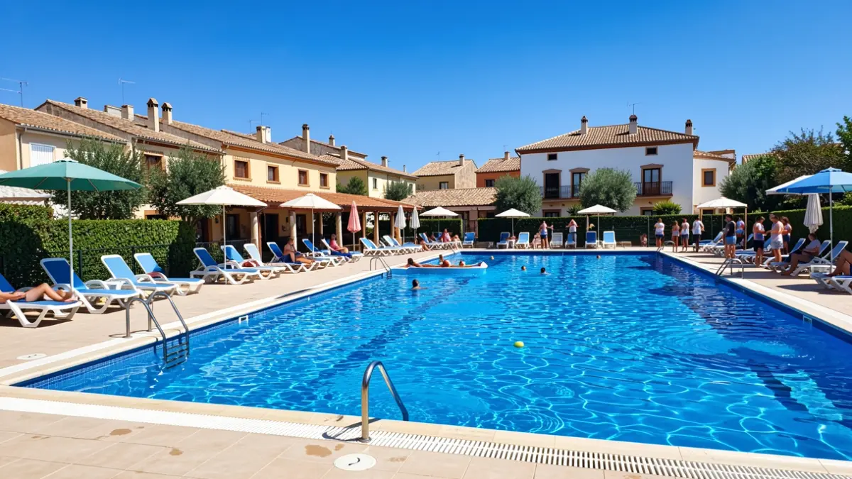 Generic image of an outdoor municipal swimming pool in Onda, with blue water and lounge chairs.