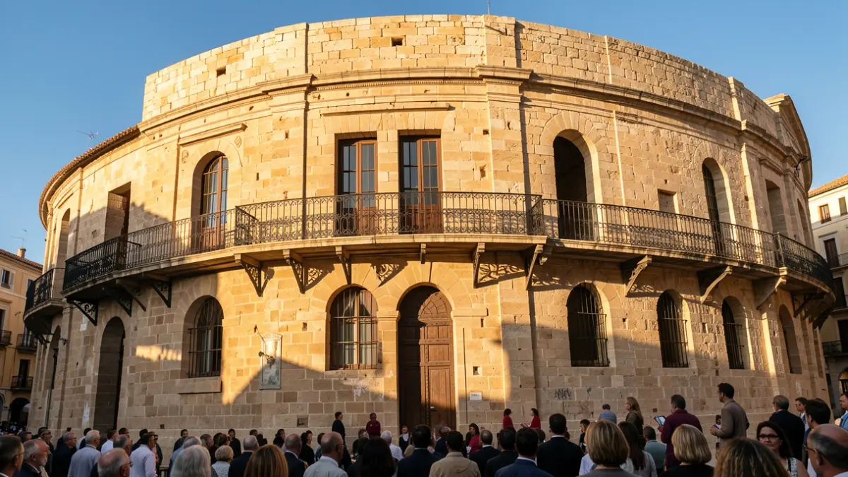 Image of the stone facade of the Xàtiva bullring on a sunny afternoon.
