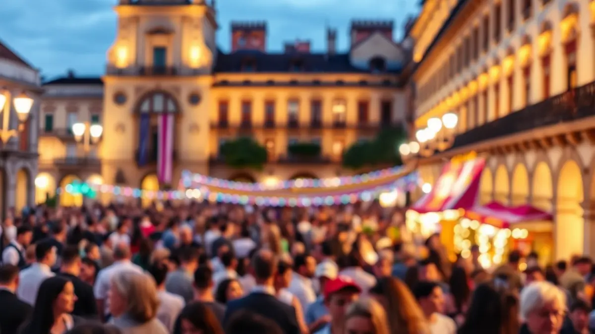 Image of a historic square in Valencia with people and traditional architecture, festive night atmosphere.