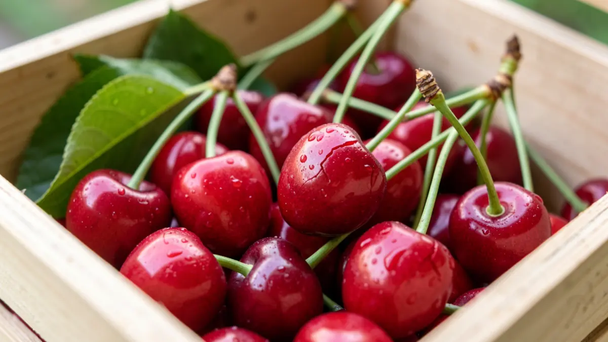 Generic image of cherries showing signs of rain.