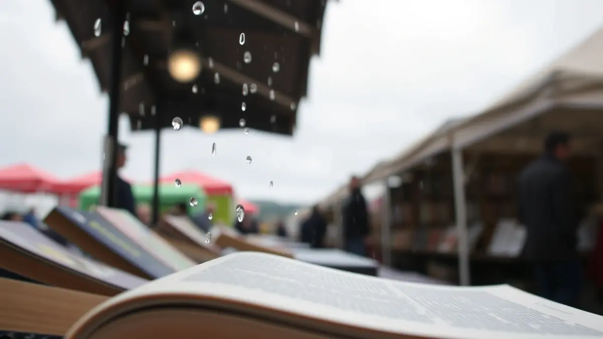Image of an open book on a fair stall, with raindrops falling on it, in a book fair setting.