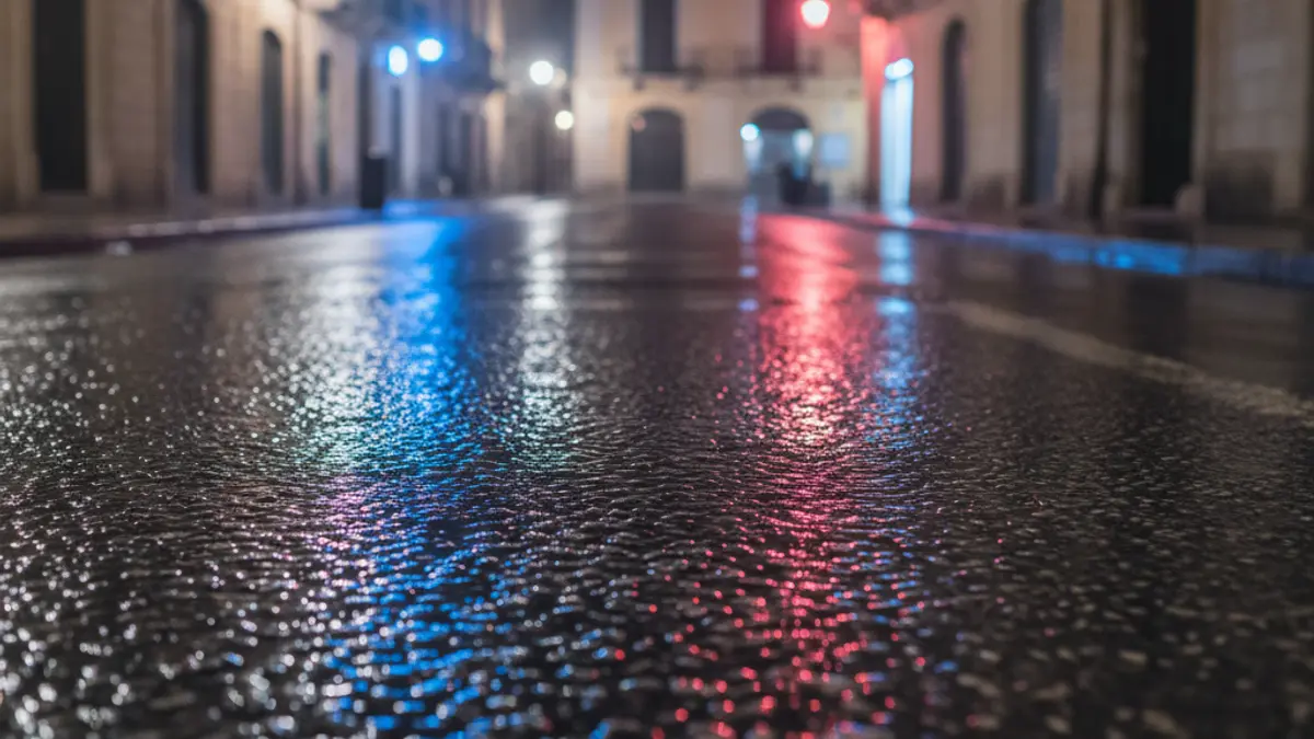 Generic image of emergency lights reflecting on wet asphalt at night in a Mediterranean city.