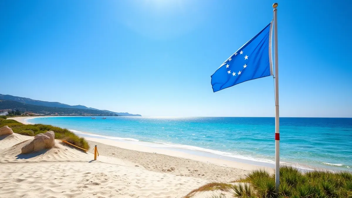 Generic image of a beach with a blue flag, symbolizing quality and sustainability.