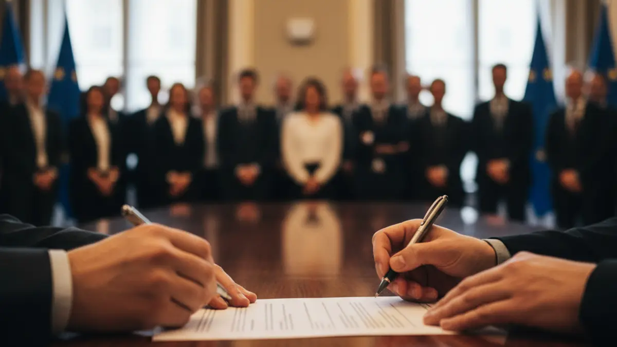 Generic image of hands signing a document, with blurred European Union flags in the background.