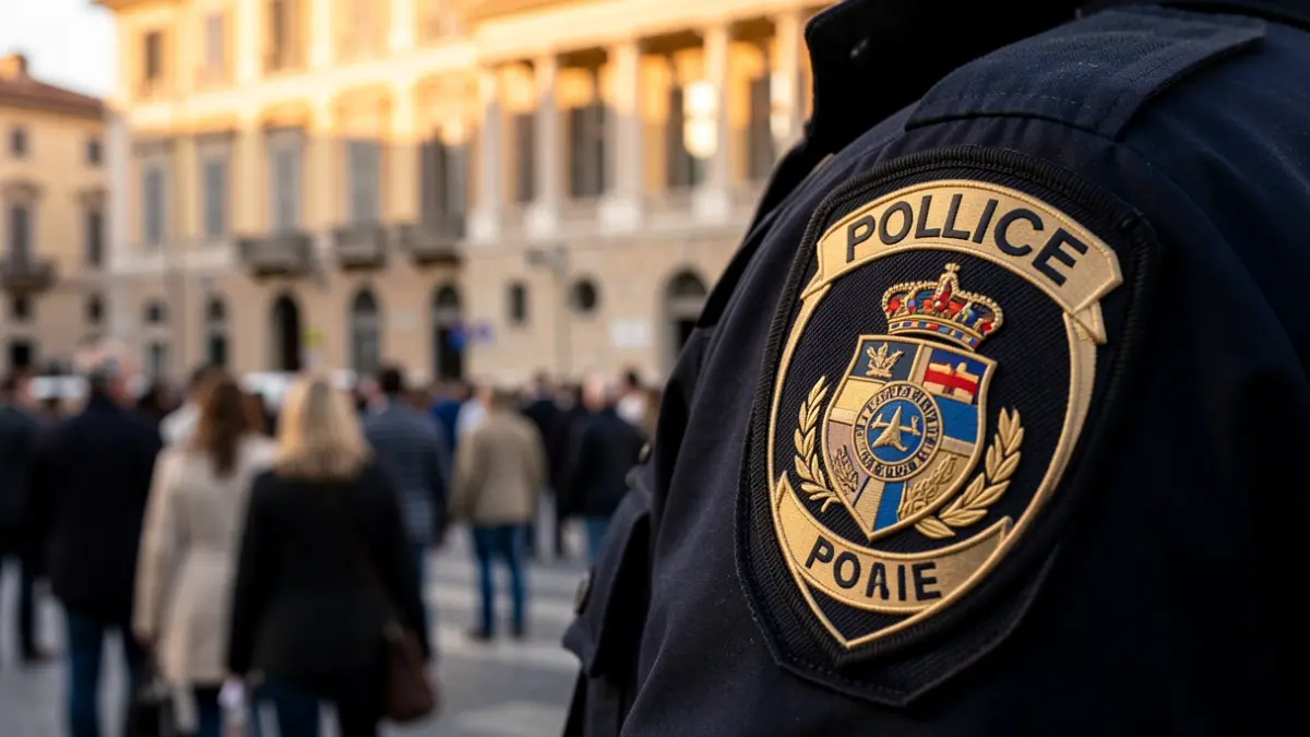 Imatge genèrica d'una placa policial amb un ajuntament al fons.
