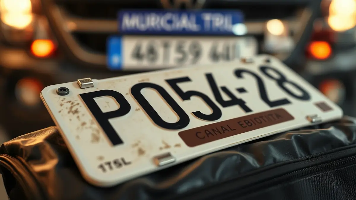 Imagen de una matrícula extranjera con detalles borrosos, sobre una bolsa de pruebas policiales, en un depósito municipal.