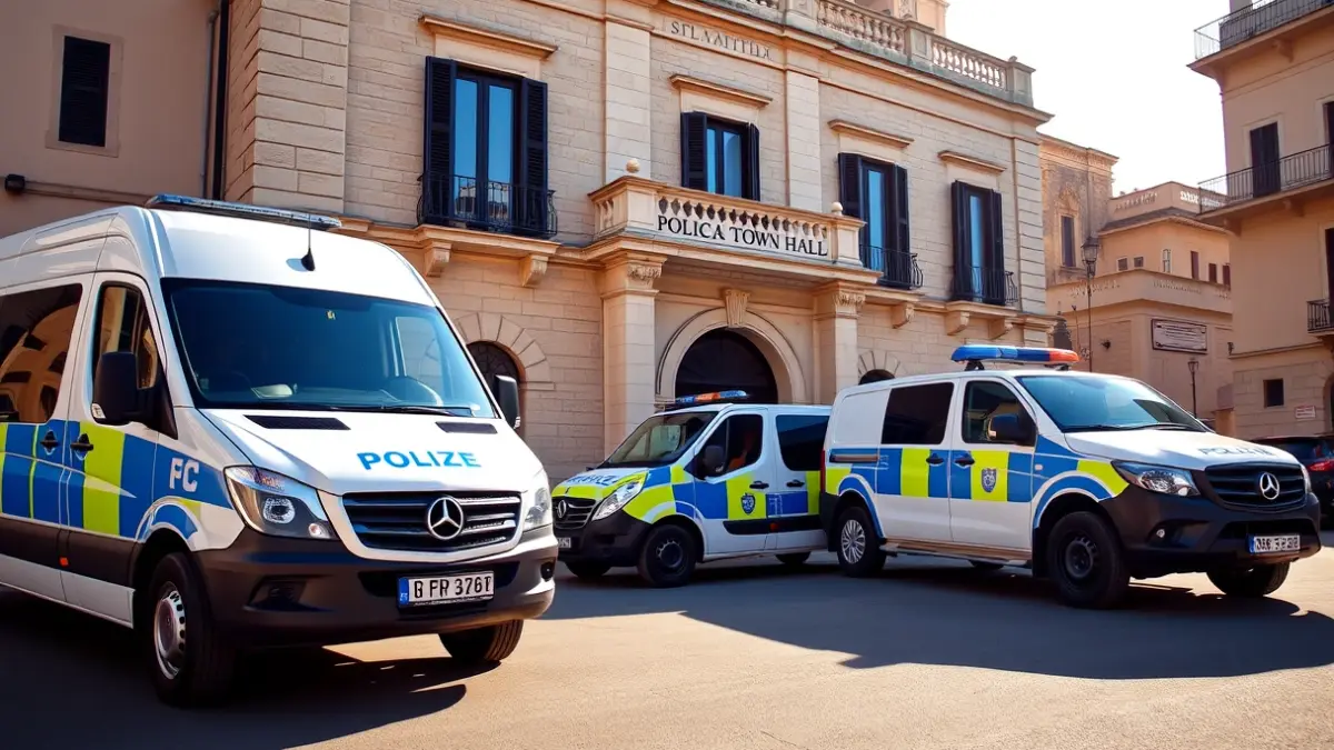 Imatge de tres nous vehicles de la Policia Local de Gandia, incloent-hi dos furgons i un tot terreny, aparcats davant de l'ajuntament.