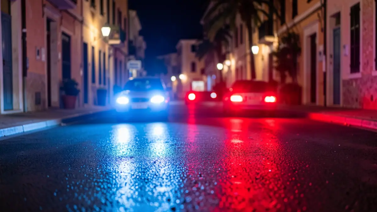 Imatge genèrica de llums d'emergència policials reflectides en l'asfalt durant la nit.