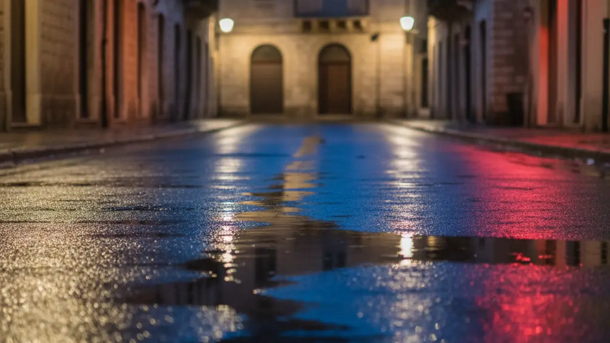 Imatge genèrica de llums d'emergència reflectint-se en l'asfalt mullat de nit.