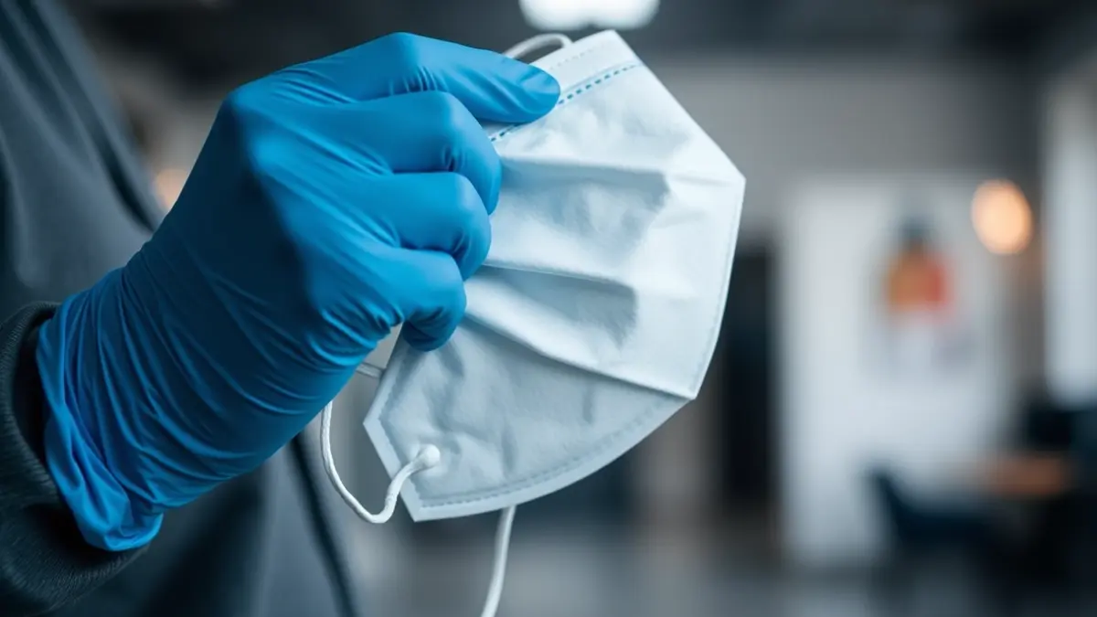 Generic image of hands wearing blue nitrile gloves and an FFP2 mask, with a blurred indoor background.