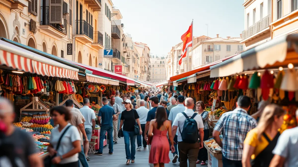 Generic image of a street market with stalls and people strolling, in a festive and sunny atmosphere.