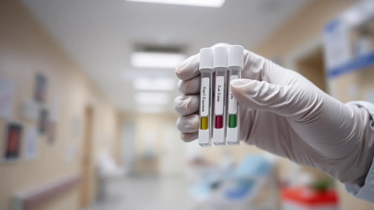 Imatge genèrica d'unes mans amb guants mèdics manipulant un kit de prova PCR en un entorn hospitalari.