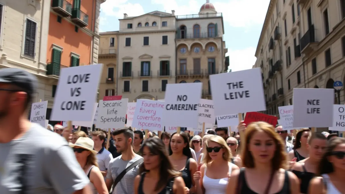 Generic image of a demonstration in a city street, with historic buildings in the background.
