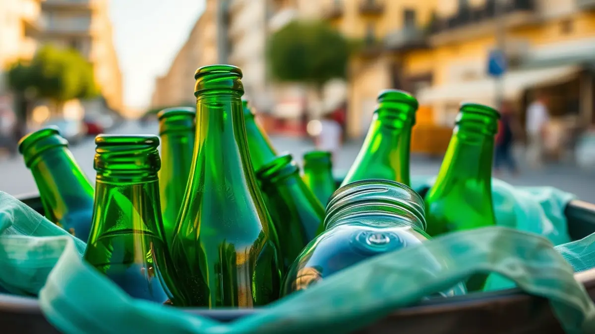 Imatge genèrica d'envasos de vidre dins d'un contenidor de reciclatge verd en un entorn urbà.